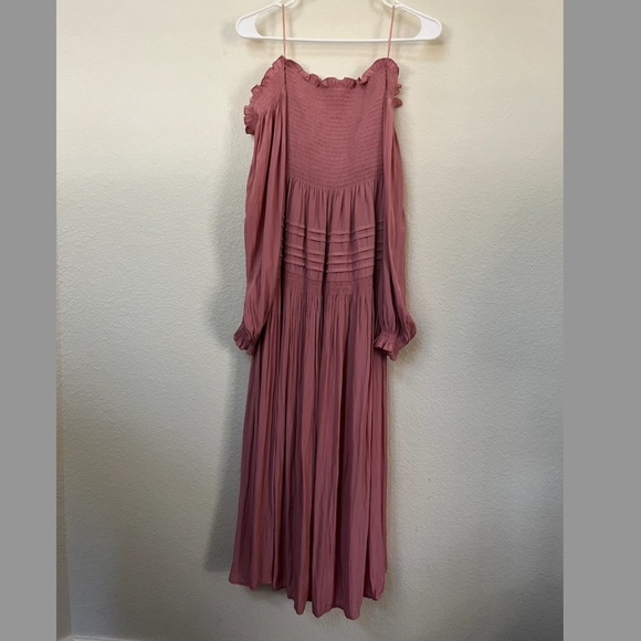 RAMY BROOK | Off The Shoulder Anita Smocked Ruffled Midi Dress in Pink | Size XS - Picture 8 of 9